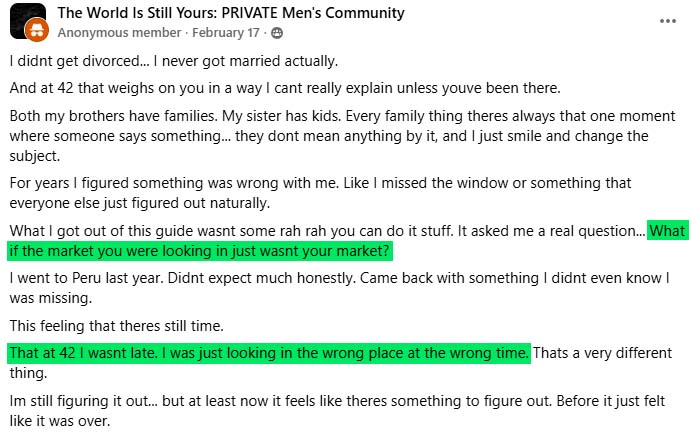 Anonymous member — at 42, not late, just looking in the wrong place